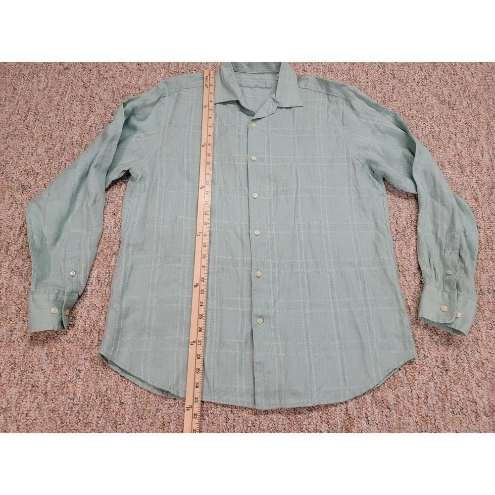 Tommy Bahama Shirt Mens Large Blue Linen Button Up Hawaiian Aloha Camp‎ Tropical